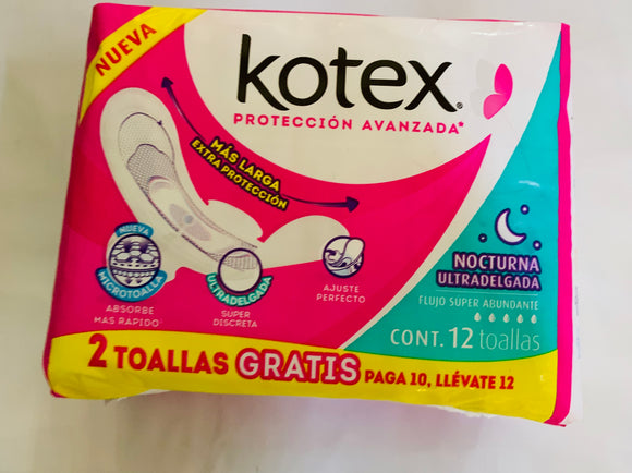 KOTEX NOCTURNA ULTRADELGADA CON ALAS 12 PZAS FLUJO SUPER ABUNDANTE (B)